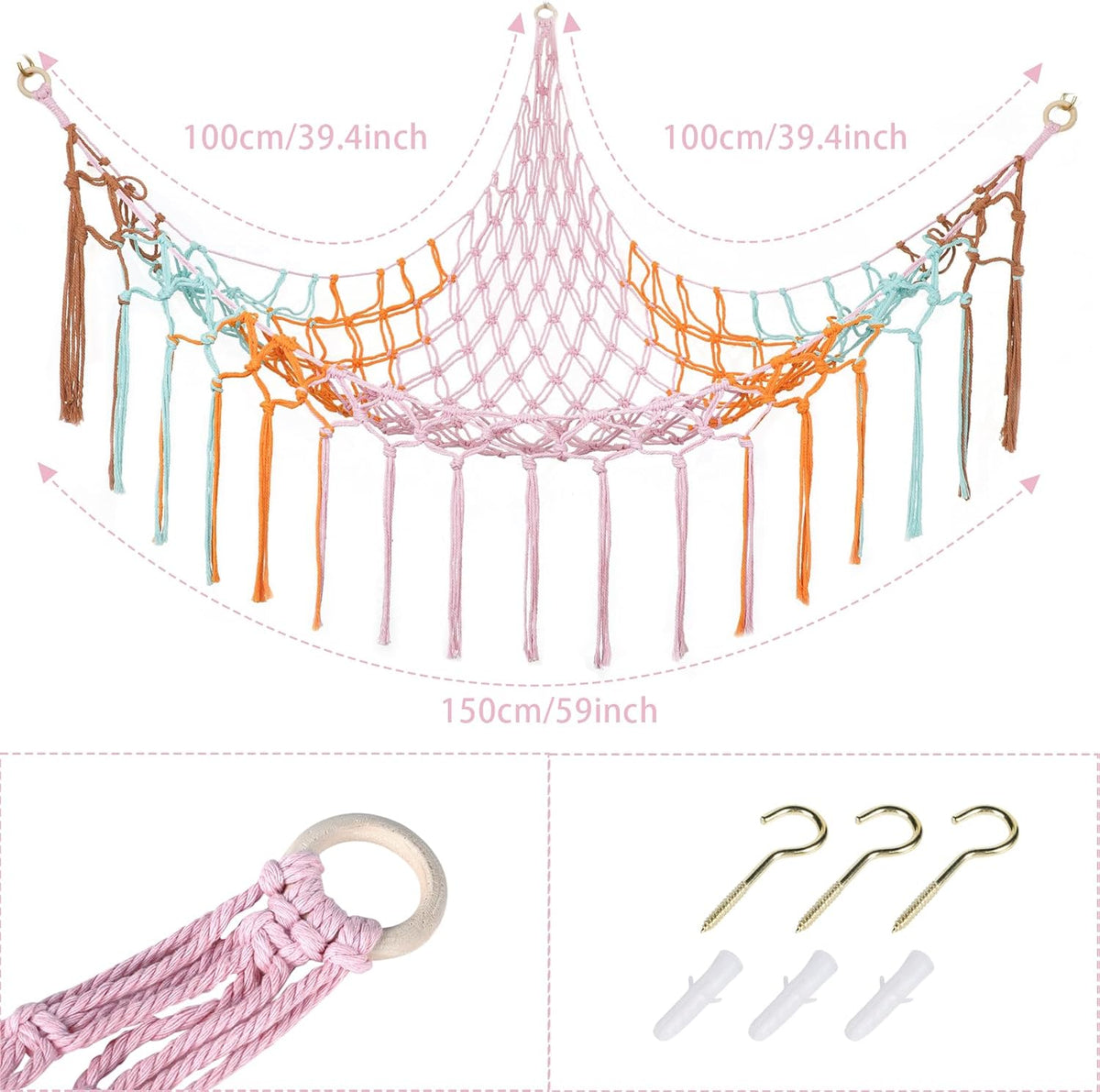Stuffed Animal Hammock Corner, Hand-knitted Large Plushie Net Toy Hammock with Wooden Rings | Boho Cute Stuff Animal Storage for Nursery & Bedroom | Mesh Kids Toy Organizer Holder Nursery Room Decor
