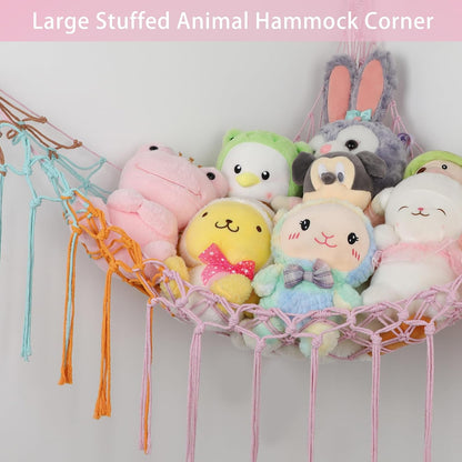 Stuffed Animal Hammock Corner, Hand-knitted Large Plushie Net Toy Hammock with Wooden Rings | Boho Cute Stuff Animal Storage for Nursery & Bedroom | Mesh Kids Toy Organizer Holder Nursery Room Decor