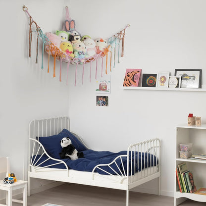 Stuffed Animal Hammock Corner, Hand-knitted Large Plushie Net Toy Hammock with Wooden Rings | Boho Cute Stuff Animal Storage for Nursery & Bedroom | Mesh Kids Toy Organizer Holder Nursery Room Decor