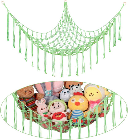 Stuffed Animal Hammock Corner, Hand-knitted Large Plushie Net Toy Hammock with Wooden Rings | Boho Cute Stuff Animal Storage for Nursery & Bedroom | Mesh Kids Toy Organizer Holder Nursery Room Decor