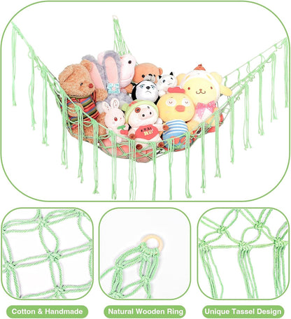 Stuffed Animal Hammock Corner, Hand-knitted Large Plushie Net Toy Hammock with Wooden Rings | Boho Cute Stuff Animal Storage for Nursery & Bedroom | Mesh Kids Toy Organizer Holder Nursery Room Decor
