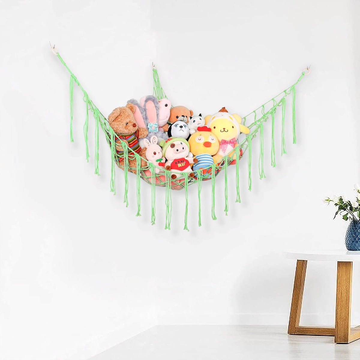 Stuffed Animal Hammock Corner, Hand-knitted Large Plushie Net Toy Hammock with Wooden Rings | Boho Cute Stuff Animal Storage for Nursery & Bedroom | Mesh Kids Toy Organizer Holder Nursery Room Decor