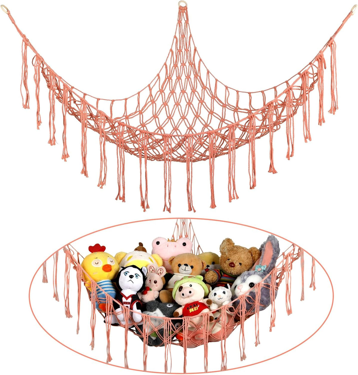 Stuffed Animal Hammock Corner, Hand-knitted Large Plushie Net Toy Hammock with Wooden Rings | Boho Cute Stuff Animal Storage for Nursery & Bedroom | Mesh Kids Toy Organizer Holder Nursery Room Decor
