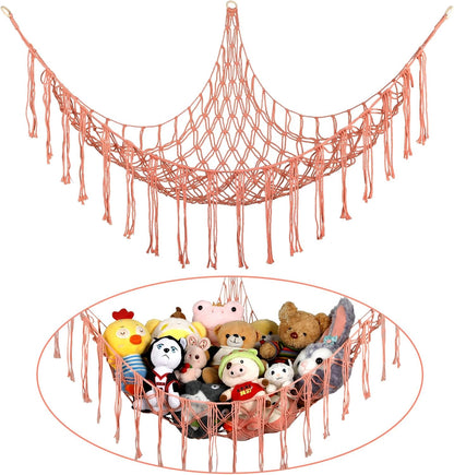 Stuffed Animal Hammock Corner, Hand-knitted Large Plushie Net Toy Hammock with Wooden Rings | Boho Cute Stuff Animal Storage for Nursery & Bedroom | Mesh Kids Toy Organizer Holder Nursery Room Decor