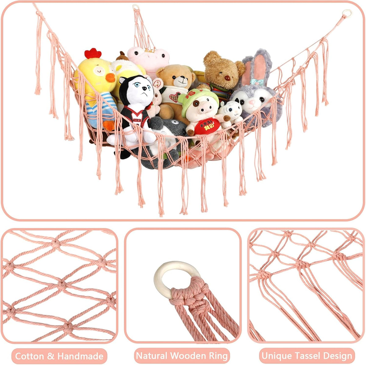 Stuffed Animal Hammock Corner, Hand-knitted Large Plushie Net Toy Hammock with Wooden Rings | Boho Cute Stuff Animal Storage for Nursery & Bedroom | Mesh Kids Toy Organizer Holder Nursery Room Decor