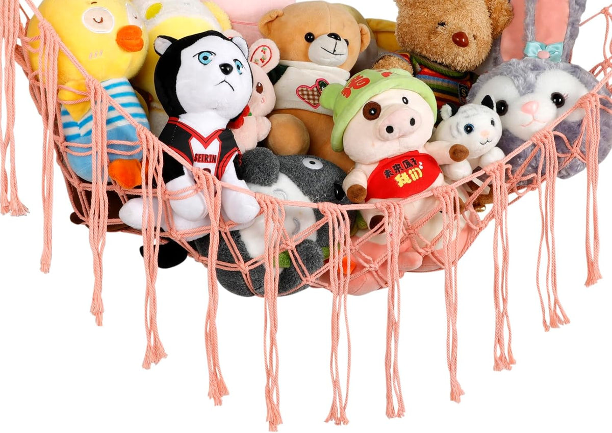 Stuffed Animal Hammock Corner, Hand-knitted Large Plushie Net Toy Hammock with Wooden Rings | Boho Cute Stuff Animal Storage for Nursery & Bedroom | Mesh Kids Toy Organizer Holder Nursery Room Decor