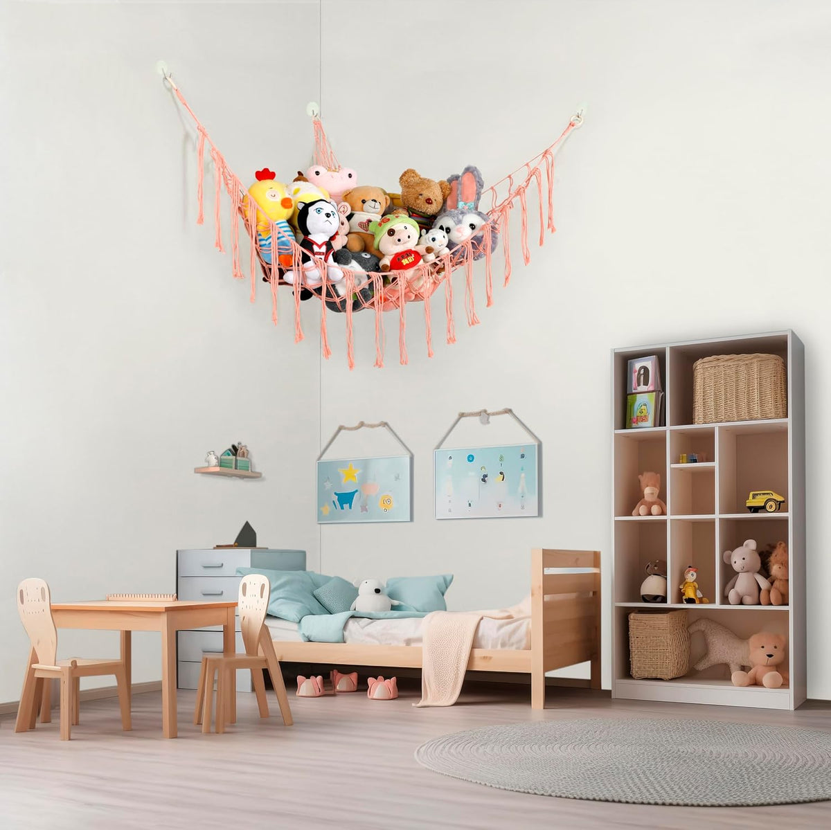 Stuffed Animal Hammock Corner, Hand-knitted Large Plushie Net Toy Hammock with Wooden Rings | Boho Cute Stuff Animal Storage for Nursery & Bedroom | Mesh Kids Toy Organizer Holder Nursery Room Decor