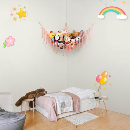Stuffed Animal Hammock Corner, Hand-knitted Large Plushie Net Toy Hammock with Wooden Rings | Boho Cute Stuff Animal Storage for Nursery & Bedroom | Mesh Kids Toy Organizer Holder Nursery Room Decor