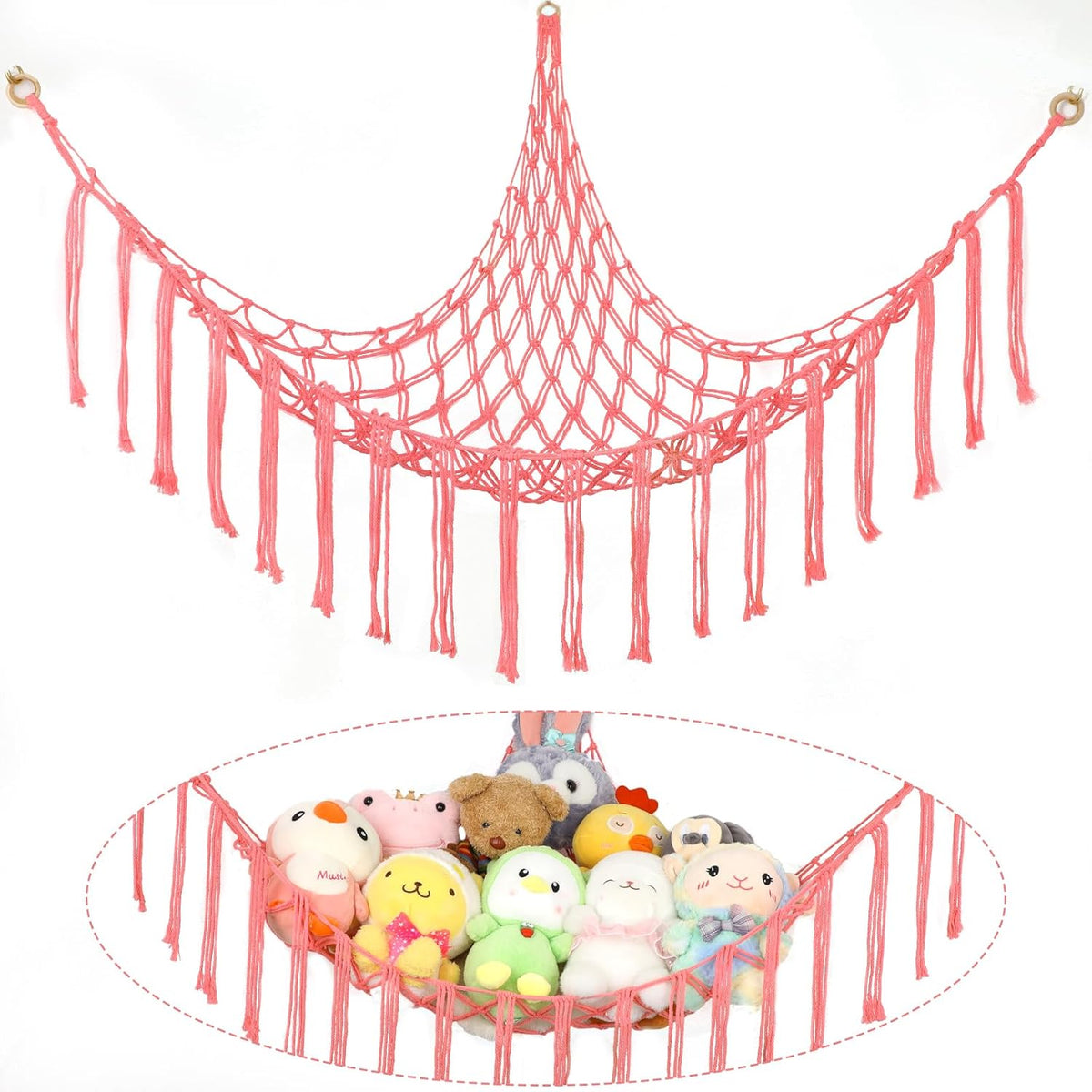Stuffed Animal Hammock Corner, Hand-knitted Large Plushie Net Toy Hammock with Wooden Rings | Boho Cute Stuff Animal Storage for Nursery & Bedroom | Mesh Kids Toy Organizer Holder Nursery Room Decor