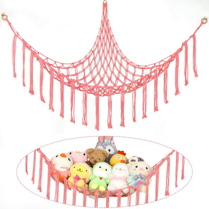 Stuffed Animal Hammock Corner, Hand-knitted Large Plushie Net Toy Hammock with Wooden Rings | Boho Cute Stuff Animal Storage for Nursery & Bedroom | Mesh Kids Toy Organizer Holder Nursery Room Decor
