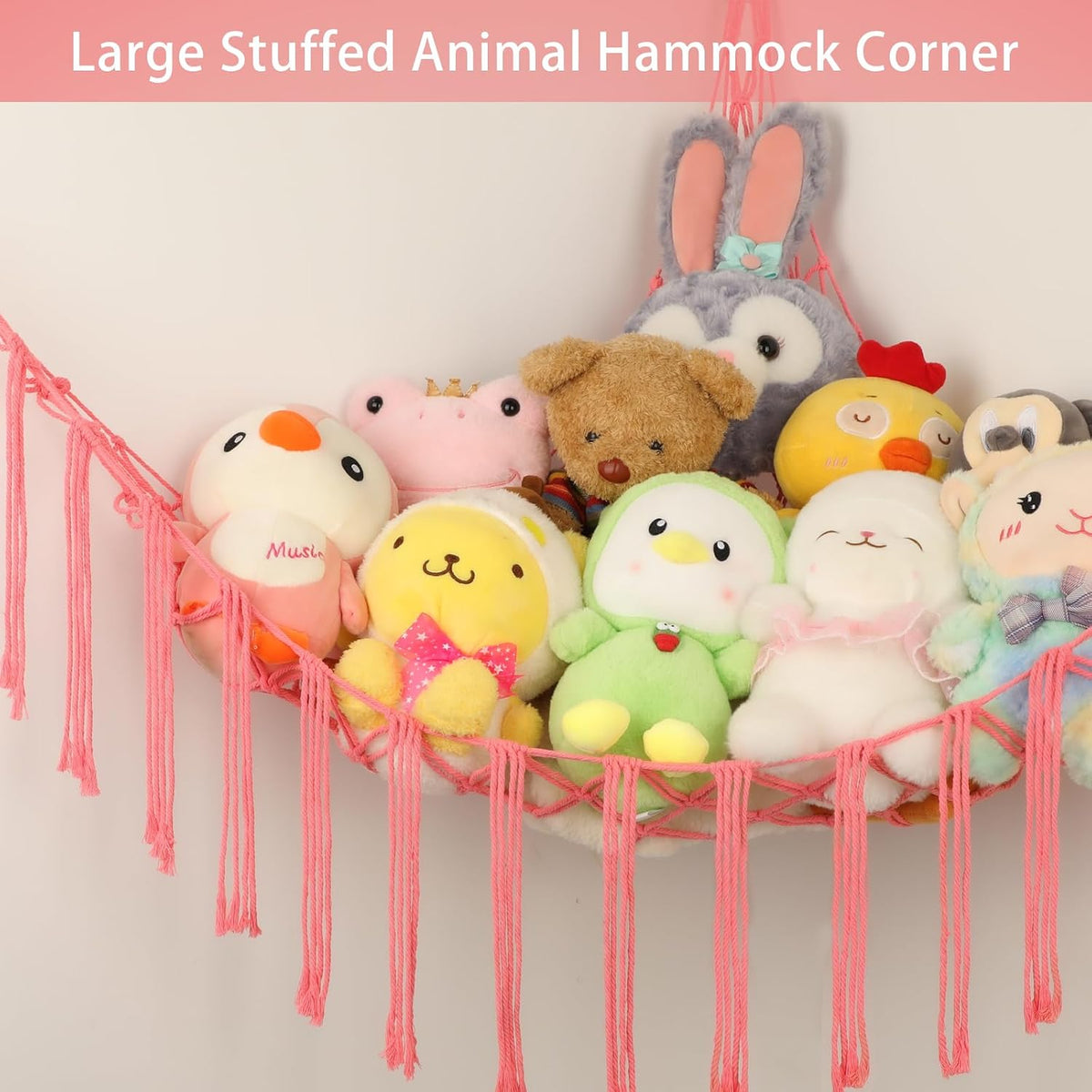 Stuffed Animal Hammock Corner, Hand-knitted Large Plushie Net Toy Hammock with Wooden Rings | Boho Cute Stuff Animal Storage for Nursery & Bedroom | Mesh Kids Toy Organizer Holder Nursery Room Decor