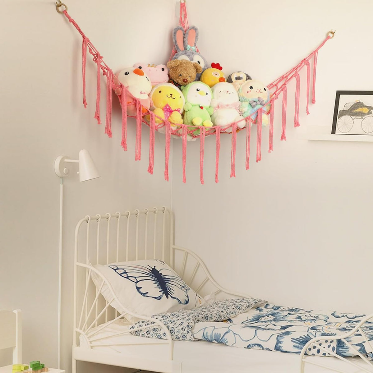 Stuffed Animal Hammock Corner, Hand-knitted Large Plushie Net Toy Hammock with Wooden Rings | Boho Cute Stuff Animal Storage for Nursery & Bedroom | Mesh Kids Toy Organizer Holder Nursery Room Decor