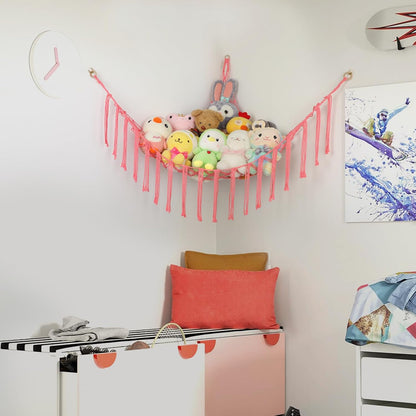 Stuffed Animal Hammock Corner, Hand-knitted Large Plushie Net Toy Hammock with Wooden Rings | Boho Cute Stuff Animal Storage for Nursery & Bedroom | Mesh Kids Toy Organizer Holder Nursery Room Decor