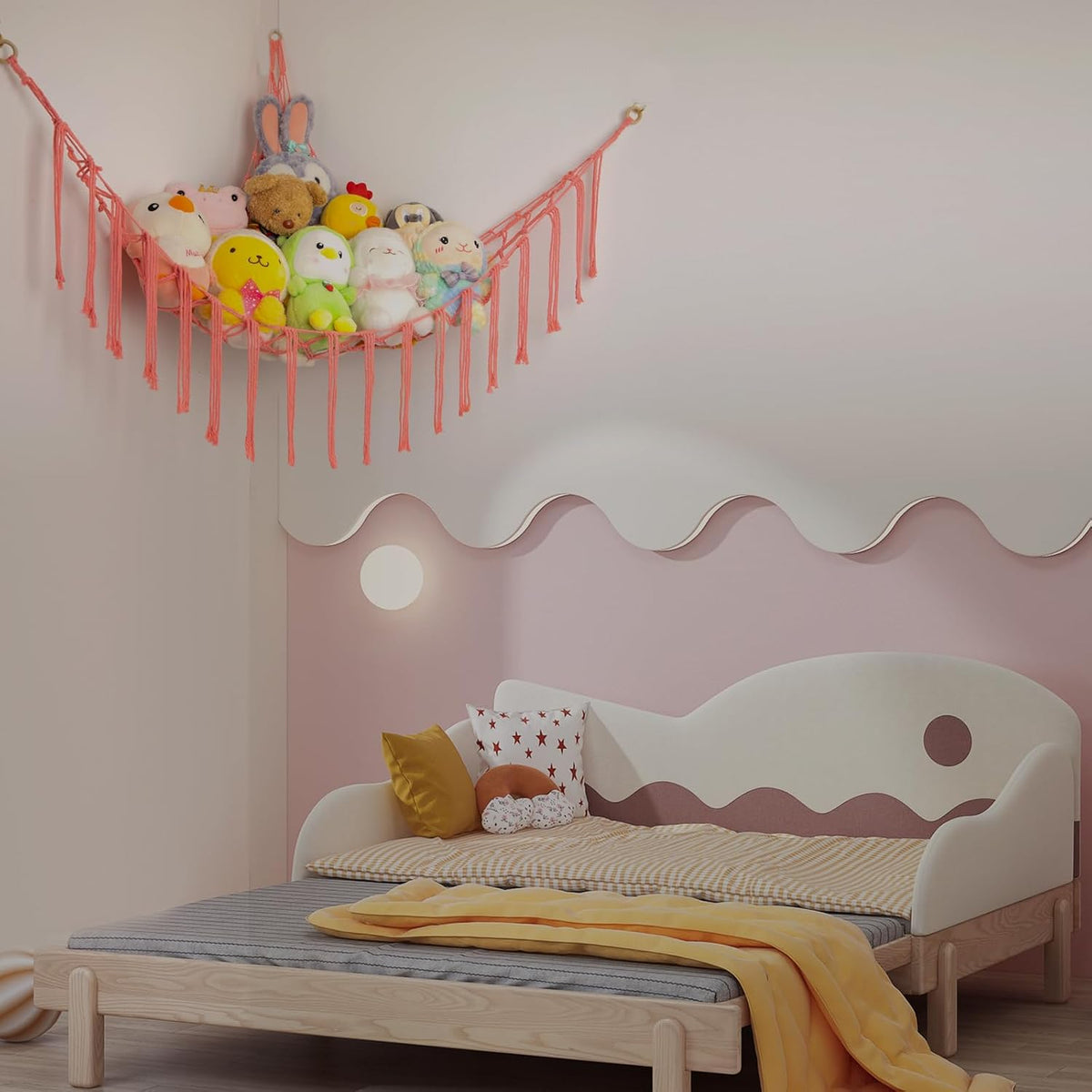 Stuffed Animal Hammock Corner, Hand-knitted Large Plushie Net Toy Hammock with Wooden Rings | Boho Cute Stuff Animal Storage for Nursery & Bedroom | Mesh Kids Toy Organizer Holder Nursery Room Decor