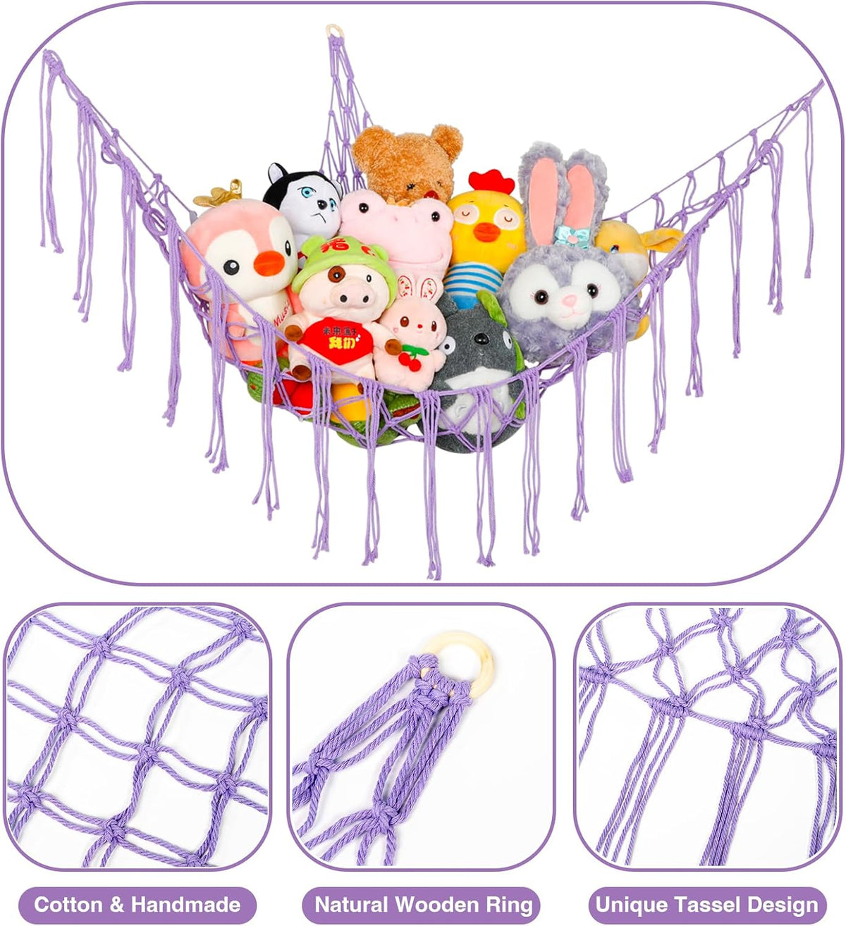 Stuffed Animal Hammock Corner, Hand-knitted Large Plushie Net Toy Hammock with Wooden Rings | Boho Cute Stuff Animal Storage for Nursery & Bedroom | Mesh Kids Toy Organizer Holder Nursery Room Decor