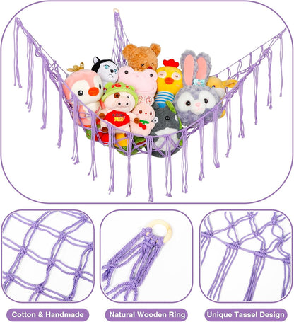 Stuffed Animal Hammock Corner, Hand-knitted Large Plushie Net Toy Hammock with Wooden Rings | Boho Cute Stuff Animal Storage for Nursery & Bedroom | Mesh Kids Toy Organizer Holder Nursery Room Decor