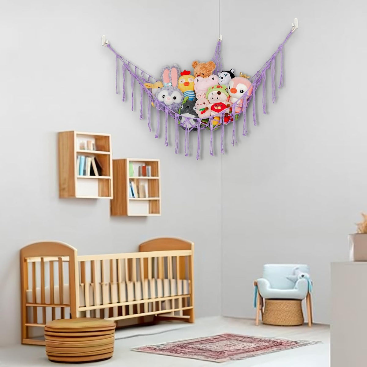 Stuffed Animal Hammock Corner, Hand-knitted Large Plushie Net Toy Hammock with Wooden Rings | Boho Cute Stuff Animal Storage for Nursery & Bedroom | Mesh Kids Toy Organizer Holder Nursery Room Decor
