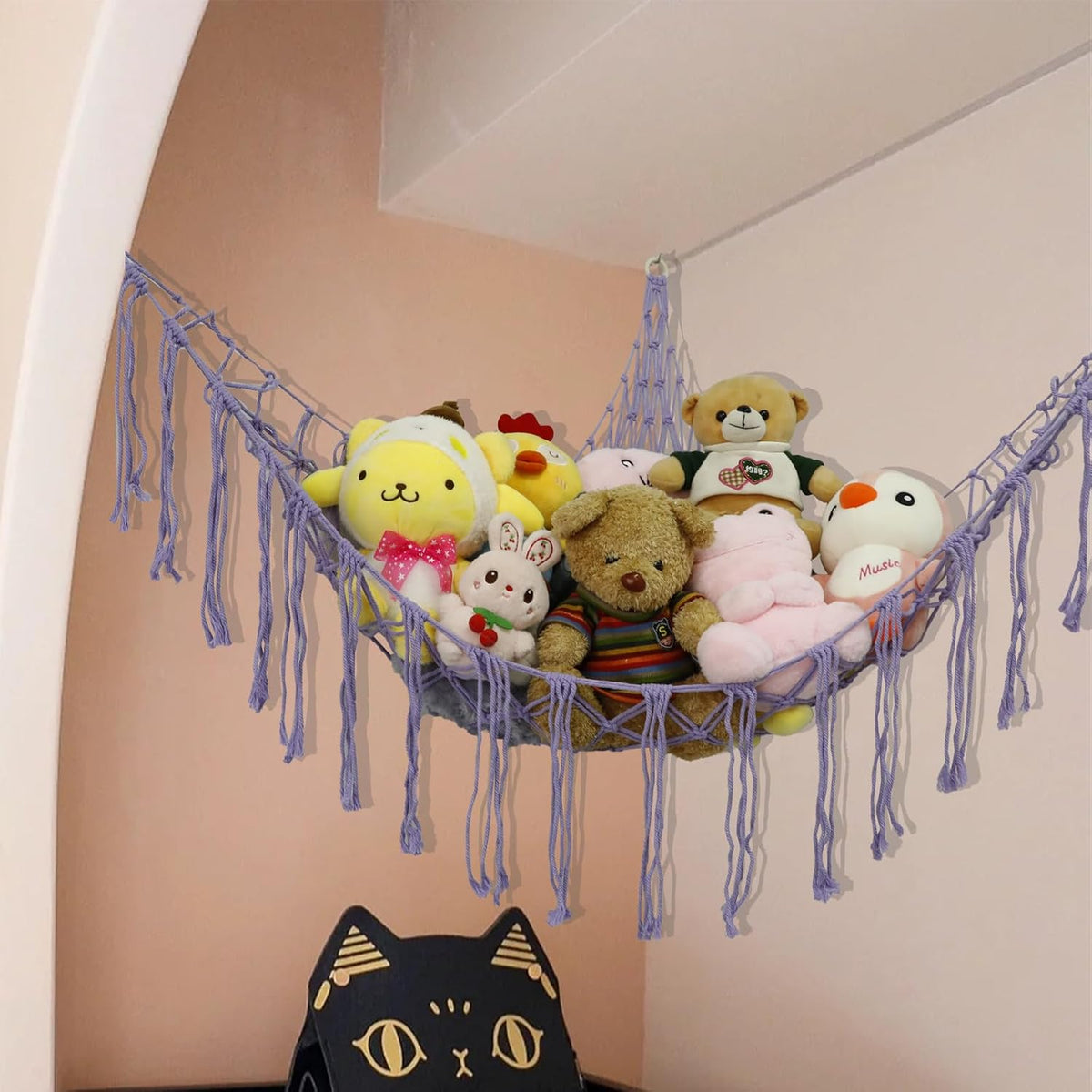 Stuffed Animal Hammock Corner, Hand-knitted Large Plushie Net Toy Hammock with Wooden Rings | Boho Cute Stuff Animal Storage for Nursery & Bedroom | Mesh Kids Toy Organizer Holder Nursery Room Decor