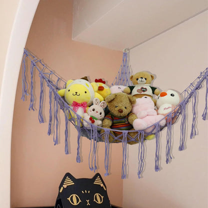 Stuffed Animal Hammock Corner, Hand-knitted Large Plushie Net Toy Hammock with Wooden Rings | Boho Cute Stuff Animal Storage for Nursery & Bedroom | Mesh Kids Toy Organizer Holder Nursery Room Decor