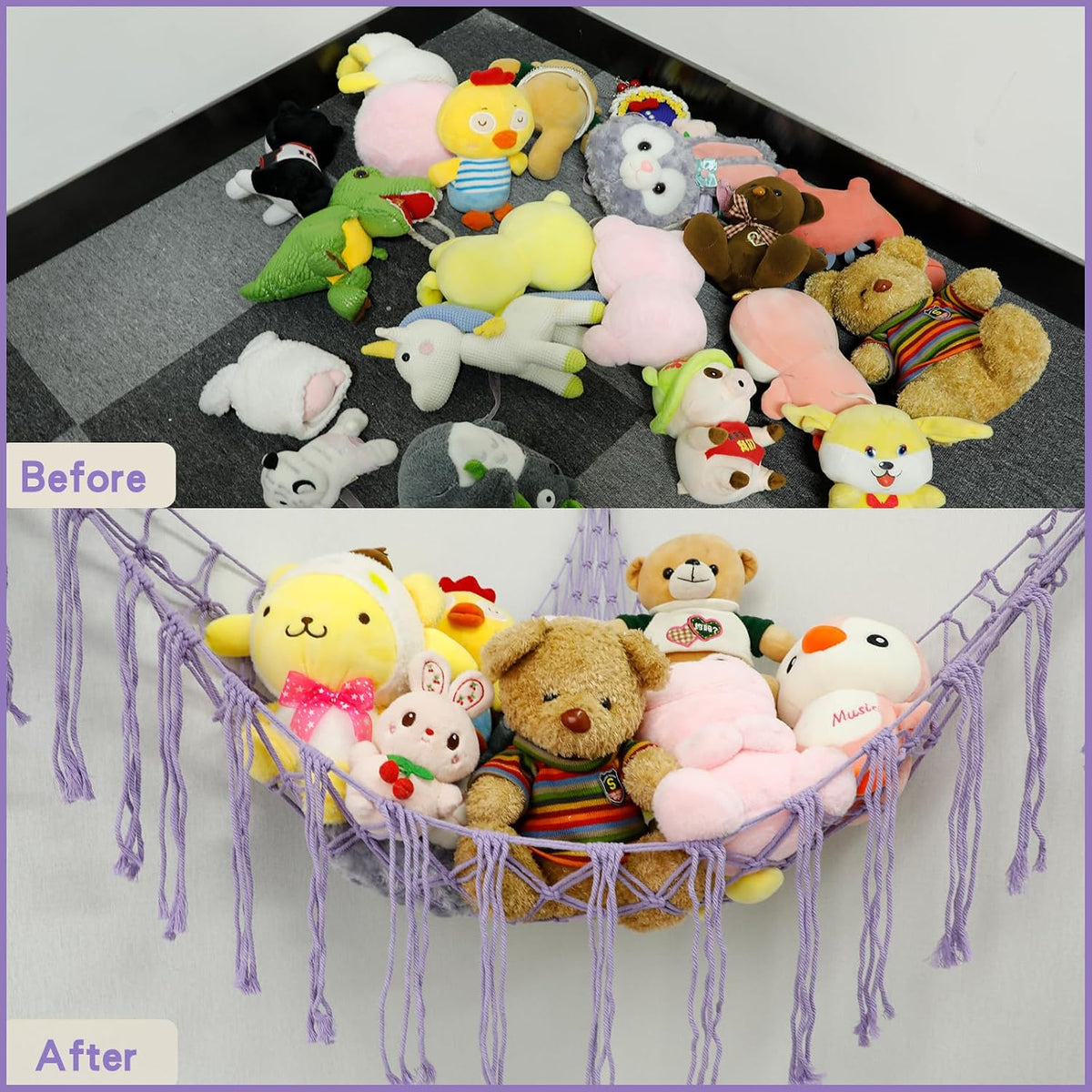 Stuffed Animal Hammock Corner, Hand-knitted Large Plushie Net Toy Hammock with Wooden Rings | Boho Cute Stuff Animal Storage for Nursery & Bedroom | Mesh Kids Toy Organizer Holder Nursery Room Decor