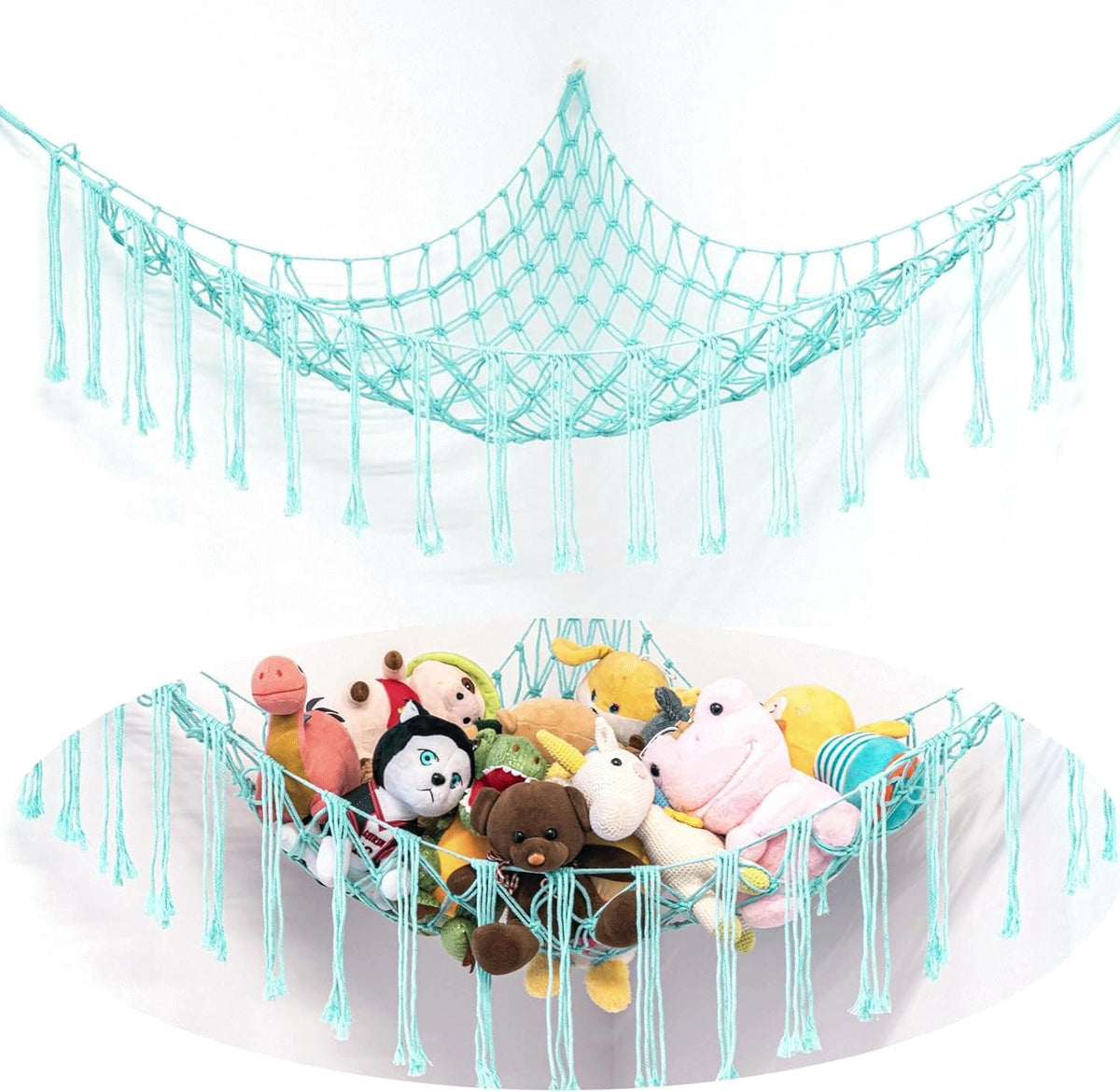 Stuffed Animal Hammock Corner, Hand-knitted Large Plushie Net Toy Hammock with Wooden Rings | Boho Cute Stuff Animal Storage for Nursery & Bedroom | Mesh Kids Toy Organizer Holder Nursery Room Decor
