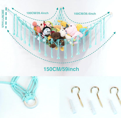 Stuffed Animal Hammock Corner, Hand-knitted Large Plushie Net Toy Hammock with Wooden Rings | Boho Cute Stuff Animal Storage for Nursery & Bedroom | Mesh Kids Toy Organizer Holder Nursery Room Decor