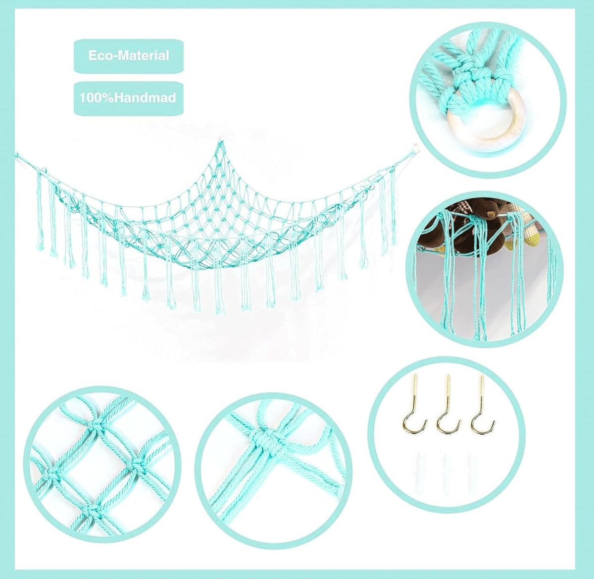 Stuffed Animal Hammock Corner, Hand-knitted Large Plushie Net Toy Hammock with Wooden Rings | Boho Cute Stuff Animal Storage for Nursery & Bedroom | Mesh Kids Toy Organizer Holder Nursery Room Decor