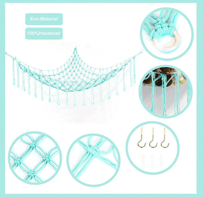 Stuffed Animal Hammock Corner, Hand-knitted Large Plushie Net Toy Hammock with Wooden Rings | Boho Cute Stuff Animal Storage for Nursery & Bedroom | Mesh Kids Toy Organizer Holder Nursery Room Decor