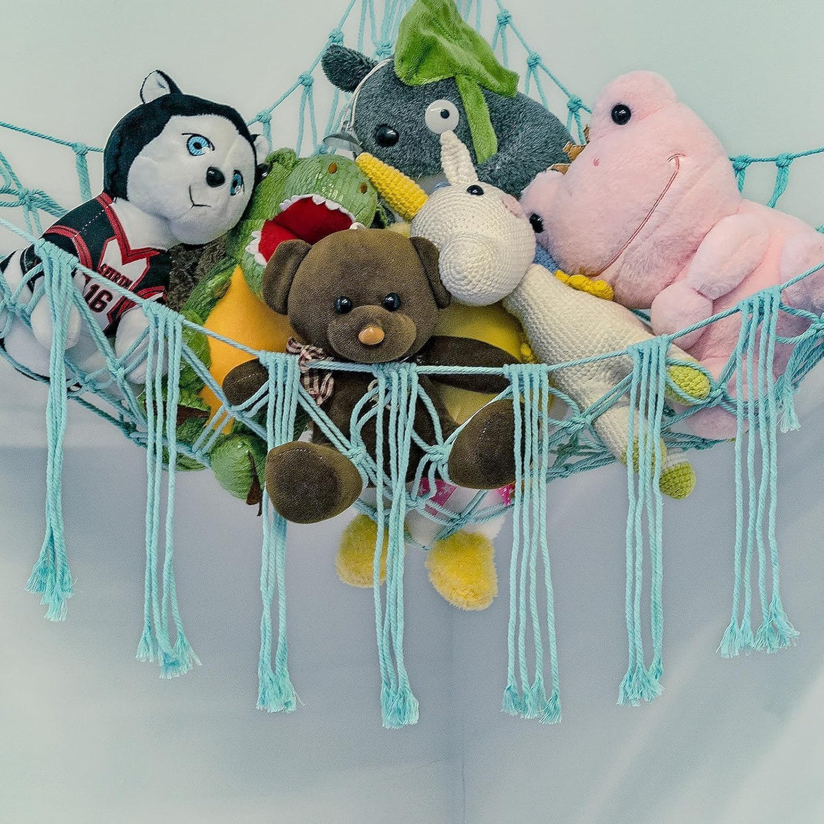 Stuffed Animal Hammock Corner, Hand-knitted Large Plushie Net Toy Hammock with Wooden Rings | Boho Cute Stuff Animal Storage for Nursery & Bedroom | Mesh Kids Toy Organizer Holder Nursery Room Decor