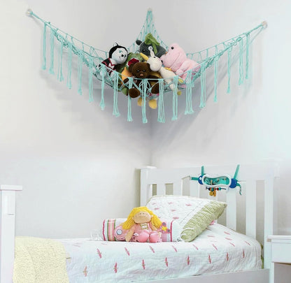 Stuffed Animal Hammock Corner, Hand-knitted Large Plushie Net Toy Hammock with Wooden Rings | Boho Cute Stuff Animal Storage for Nursery & Bedroom | Mesh Kids Toy Organizer Holder Nursery Room Decor