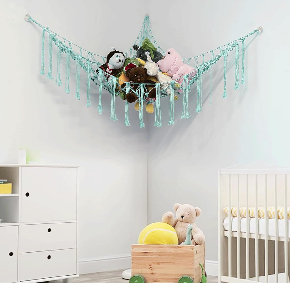 Stuffed Animal Hammock Corner, Hand-knitted Large Plushie Net Toy Hammock with Wooden Rings | Boho Cute Stuff Animal Storage for Nursery & Bedroom | Mesh Kids Toy Organizer Holder Nursery Room Decor