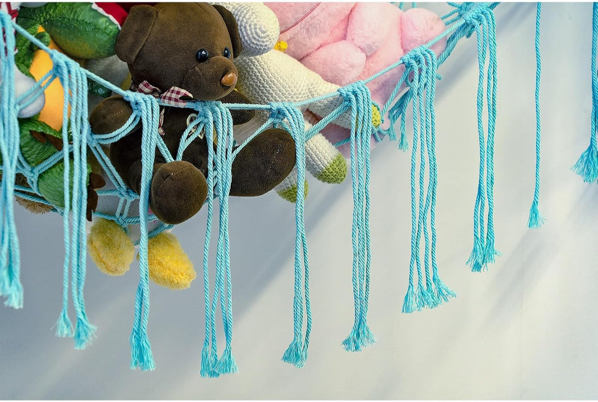 Stuffed Animal Hammock Corner, Hand-knitted Large Plushie Net Toy Hammock with Wooden Rings | Boho Cute Stuff Animal Storage for Nursery & Bedroom | Mesh Kids Toy Organizer Holder Nursery Room Decor