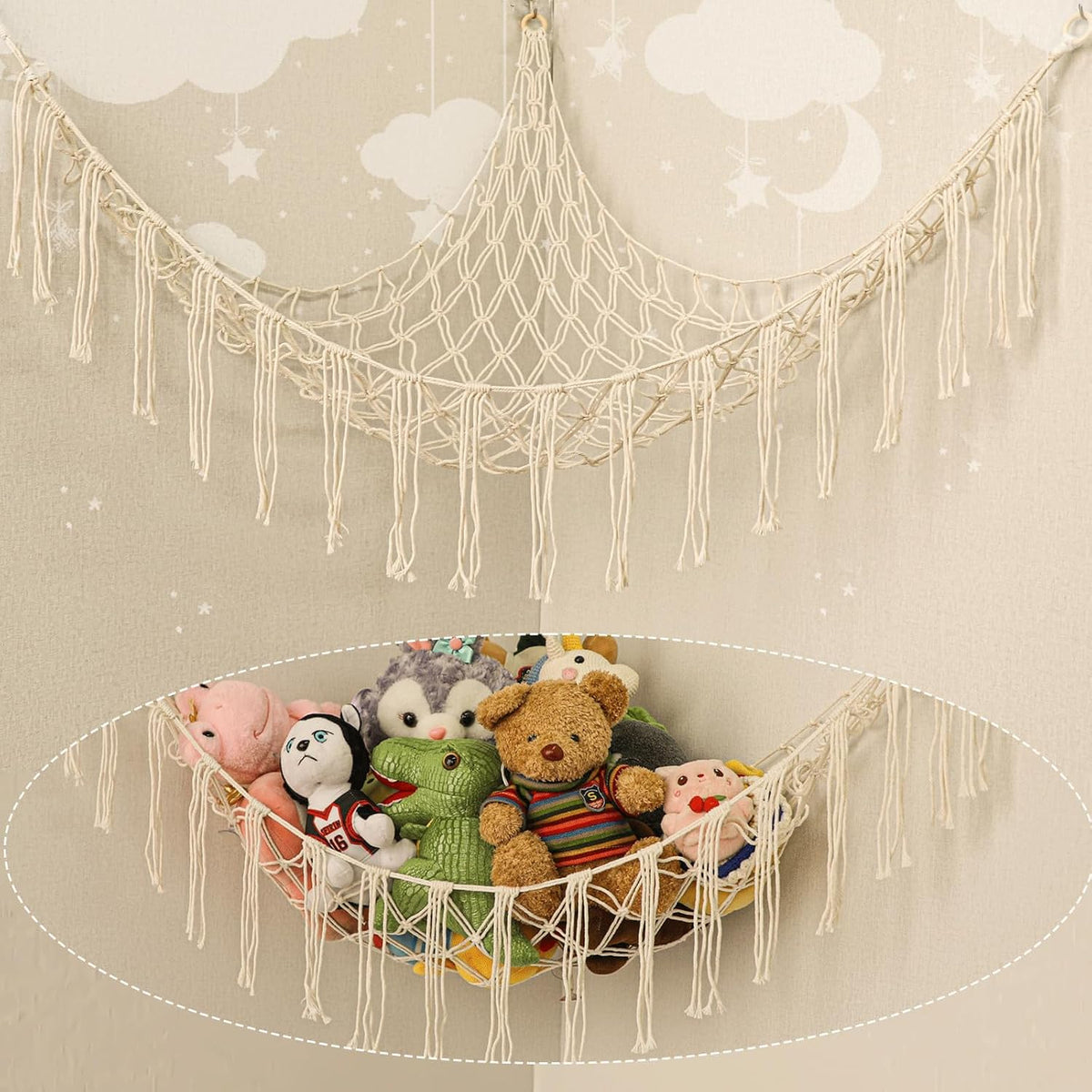 Stuffed Animal Hammock Corner, Hand-knitted Large Plushie Net Toy Hammock with Wooden Rings | Boho Cute Stuff Animal Storage for Nursery & Bedroom | Mesh Kids Toy Organizer Holder Nursery Room Decor