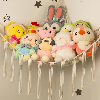 Stuffed Animal Hammock Corner, Hand-knitted Large Plushie Net Toy Hammock with Wooden Rings | Boho Cute Stuff Animal Storage for Nursery & Bedroom | Mesh Kids Toy Organizer Holder Nursery Room Decor