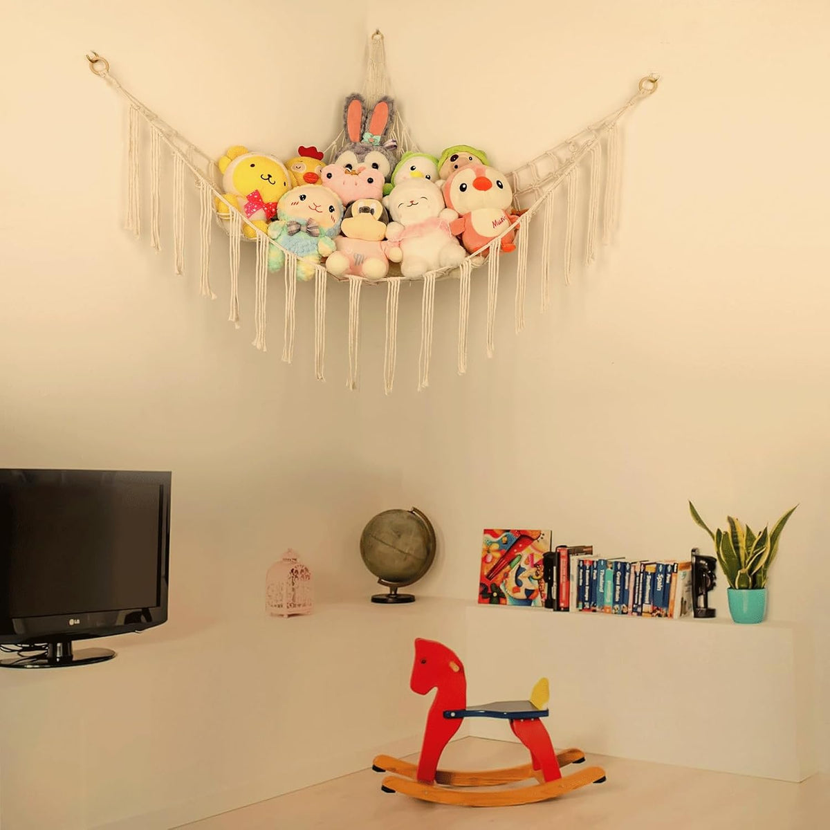 Stuffed Animal Hammock Corner, Hand-knitted Large Plushie Net Toy Hammock with Wooden Rings | Boho Cute Stuff Animal Storage for Nursery & Bedroom | Mesh Kids Toy Organizer Holder Nursery Room Decor