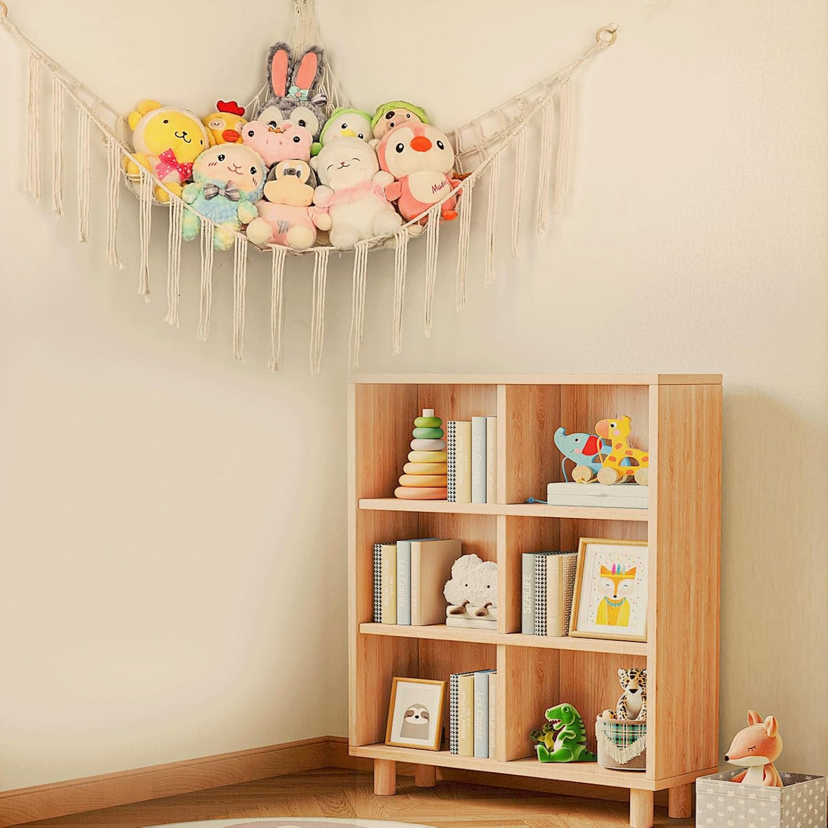 Stuffed Animal Hammock Corner, Hand-knitted Large Plushie Net Toy Hammock with Wooden Rings | Boho Cute Stuff Animal Storage for Nursery & Bedroom | Mesh Kids Toy Organizer Holder Nursery Room Decor