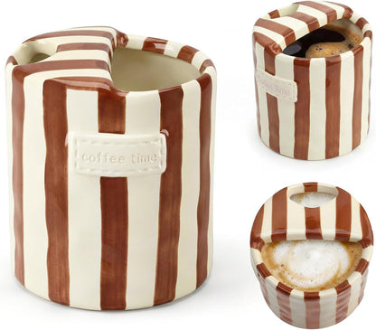 10oz Ceramic Coffee Mug with Sip Hole, Striped Espresso Cups for Hot & Cold Drinks and Microwave & Dishwasher & Freezer Safe, Ideal for Home Desk Kitchen Office Dorm Cafe Travel Daily - Brown