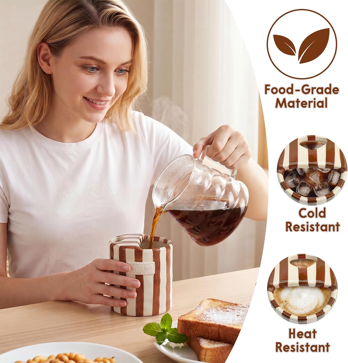 10oz Ceramic Coffee Mug with Sip Hole, Striped Espresso Cups for Hot & Cold Drinks and Microwave & Dishwasher & Freezer Safe, Ideal for Home Desk Kitchen Office Dorm Cafe Travel Daily - Brown