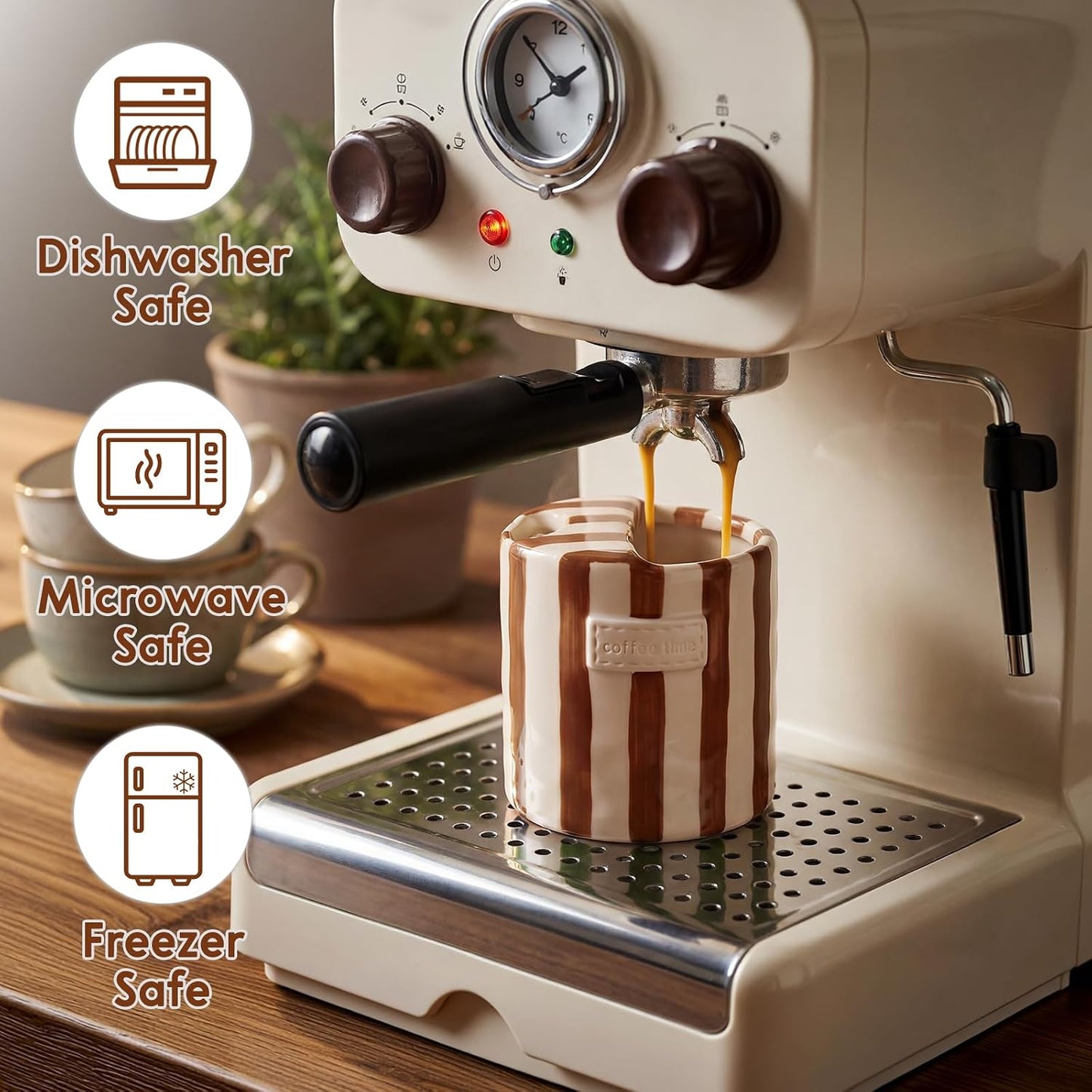 10oz Ceramic Coffee Mug with Sip Hole, Striped Espresso Cups for Hot & Cold Drinks and Microwave & Dishwasher & Freezer Safe, Ideal for Home Desk Kitchen Office Dorm Cafe Travel Daily - Brown