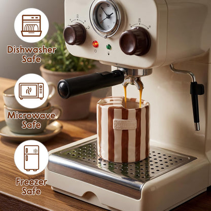 10oz Ceramic Coffee Mug with Sip Hole, Striped Espresso Cups for Hot & Cold Drinks and Microwave & Dishwasher & Freezer Safe, Ideal for Home Desk Kitchen Office Dorm Cafe Travel Daily - Brown
