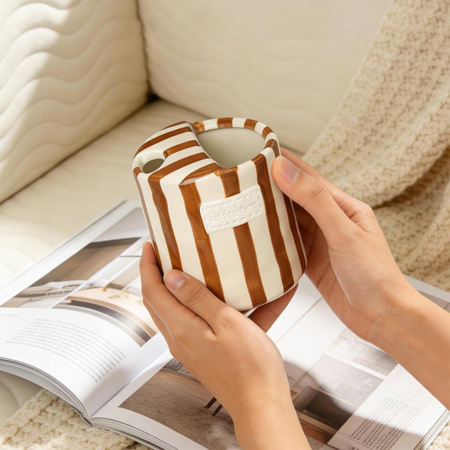 10oz Ceramic Coffee Mug with Sip Hole, Striped Espresso Cups for Hot & Cold Drinks and Microwave & Dishwasher & Freezer Safe, Ideal for Home Desk Kitchen Office Dorm Cafe Travel Daily - Brown