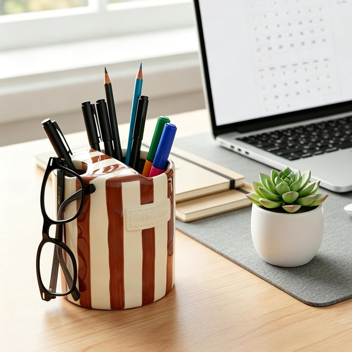 10oz Ceramic Coffee Mug with Sip Hole, Striped Espresso Cups for Hot & Cold Drinks and Microwave & Dishwasher & Freezer Safe, Ideal for Home Desk Kitchen Office Dorm Cafe Travel Daily - Brown