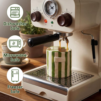 10oz Ceramic Coffee Mug with Sip Hole, Striped Espresso Cups for Hot & Cold Drinks and Microwave & Dishwasher & Freezer Safe, Ideal for Home Desk Kitchen Office Dorm Cafe Travel Daily - Brown