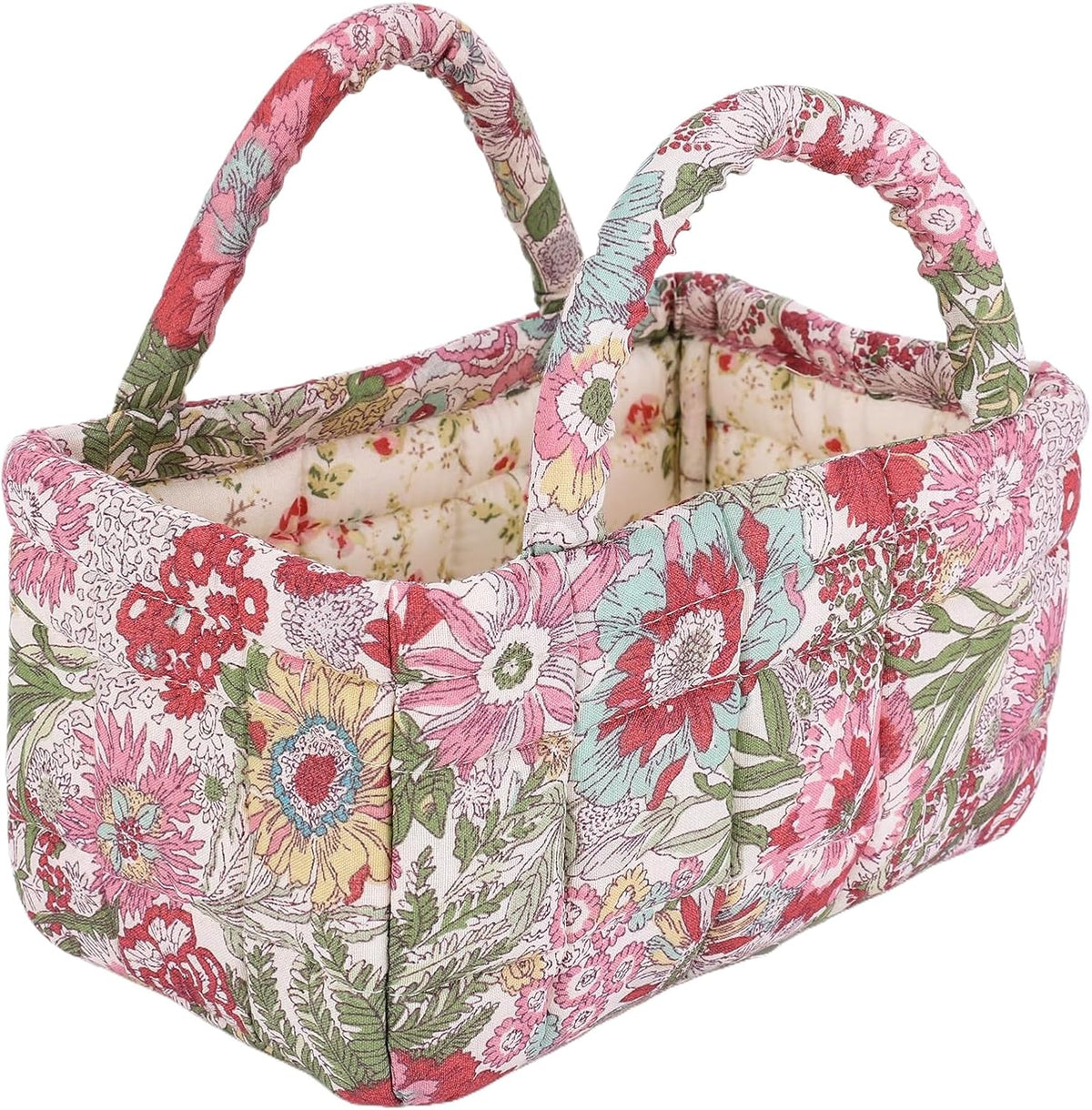 Quilted Fabric Storage Basket Floral Baby Diaper Caddy Quilted Basket for Nursery Bedroom Car Storage