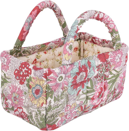 Quilted Fabric Storage Basket Floral Baby Diaper Caddy Quilted Basket for Nursery Bedroom Car Storage