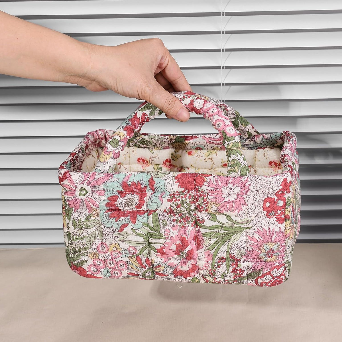 Quilted Fabric Storage Basket Floral Baby Diaper Caddy Quilted Basket for Nursery Bedroom Car Storage