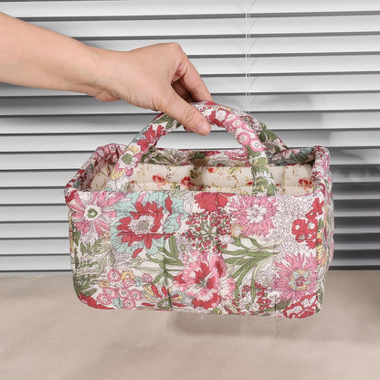Quilted Fabric Storage Basket Floral Baby Diaper Caddy Quilted Basket for Nursery Bedroom Car Storage