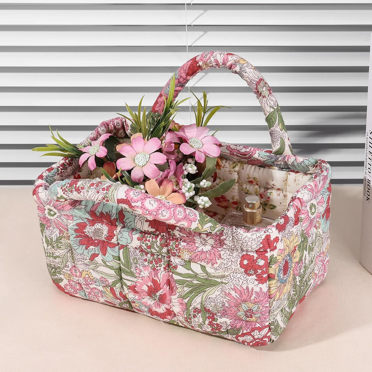 Quilted Fabric Storage Basket Floral Baby Diaper Caddy Quilted Basket for Nursery Bedroom Car Storage