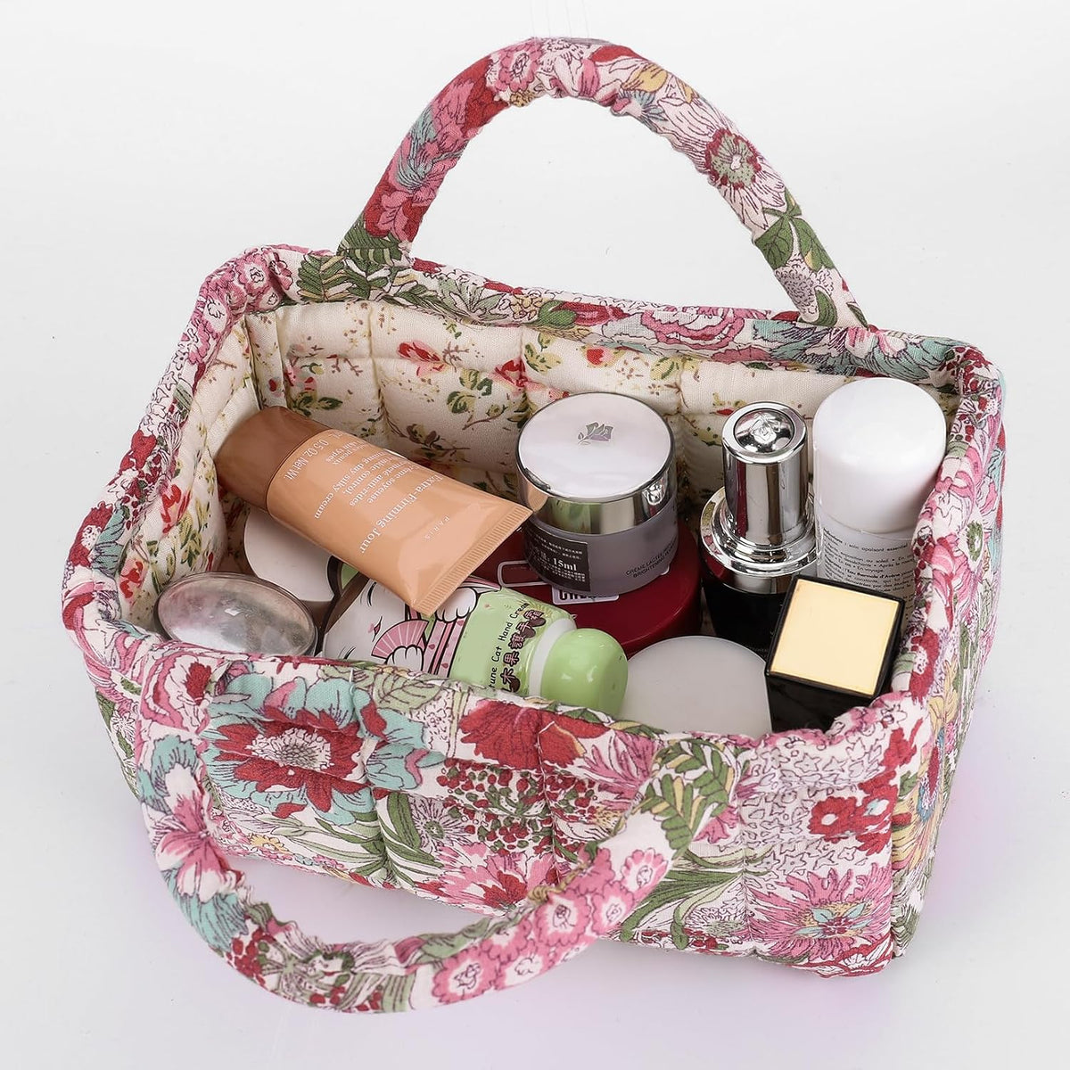 Quilted Fabric Storage Basket Floral Baby Diaper Caddy Quilted Basket for Nursery Bedroom Car Storage
