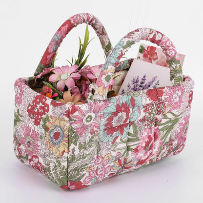 Quilted Fabric Storage Basket Floral Baby Diaper Caddy Quilted Basket for Nursery Bedroom Car Storage